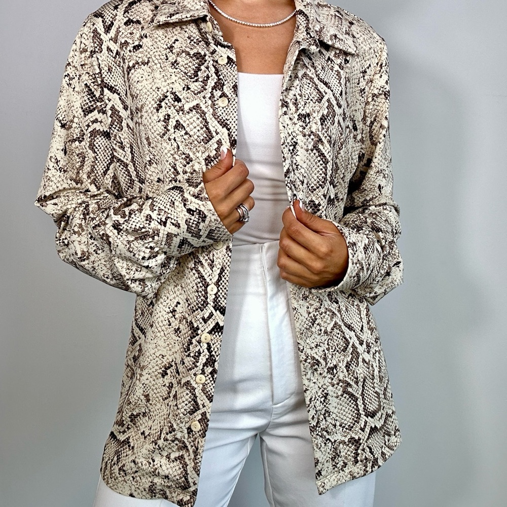 Vintage Y2K Cream Snakeskin Button Down Shirt - Picture 2 of 5
